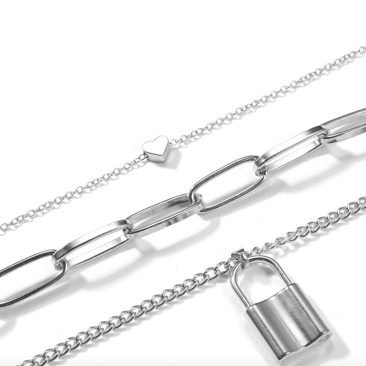 ネックレス レディース チェーン 南京錠 鍵 ハート レトロ ゴージャス ゴールド シルバー ロングネックレス アクセサリー チェーンネックレス 3連 重ね付け  Dazzle ダズル