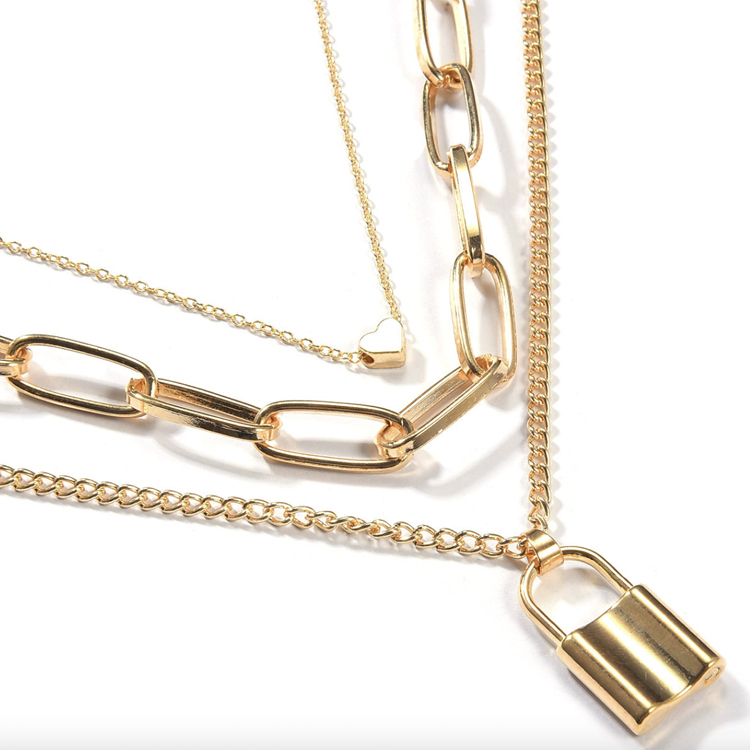 ネックレス レディース チェーン 南京錠 鍵 ハート レトロ ゴージャス ゴールド シルバー ロングネックレス アクセサリー チェーンネックレス 3連 重ね付け  Dazzle ダズル