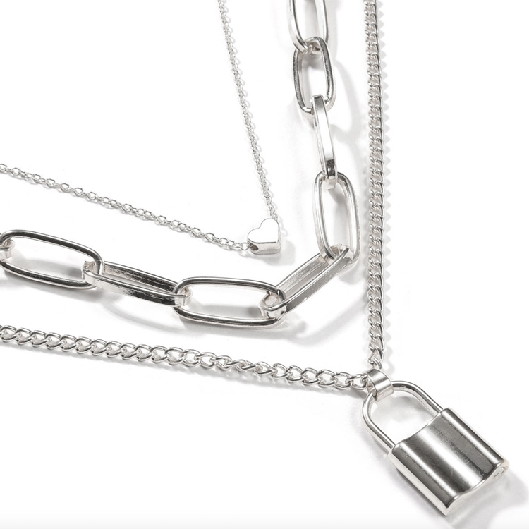 ネックレス レディース チェーン 南京錠 鍵 ハート レトロ ゴージャス ゴールド シルバー ロングネックレス アクセサリー チェーンネックレス 3連 重ね付け  Dazzle ダズル