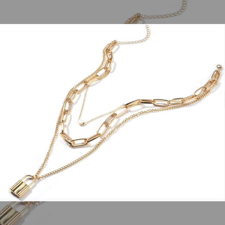ネックレス レディース チェーン 南京錠 鍵 ハート レトロ ゴージャス ゴールド シルバー ロングネックレス アクセサリー チェーンネックレス 3連 重ね付け  Dazzle ダズル