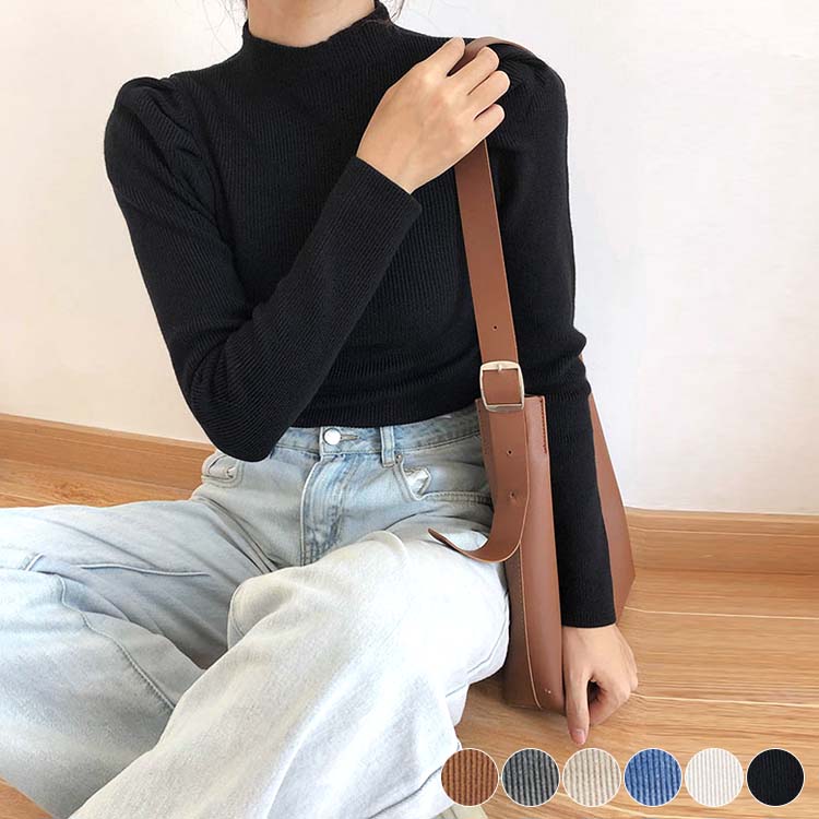 ニット レディース セーター トップス 無地 ハイネック ホワイト ブラック 秋 冬 パフスリーブ かわいい リブニット リブ Dzzle ダズル