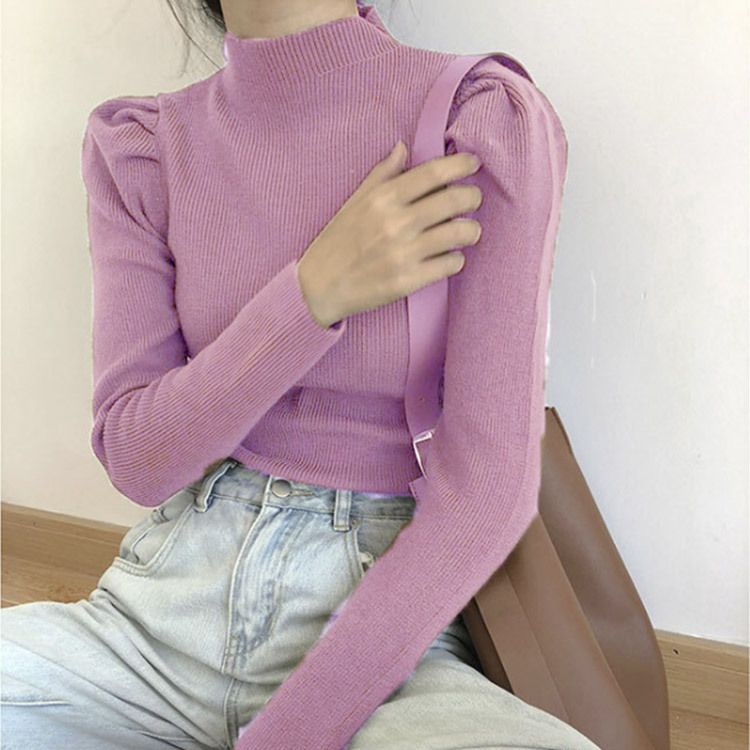 ニット レディース セーター トップス 無地 ハイネック ホワイト ブラック 秋 冬 パフスリーブ かわいい リブニット リブ Dzzle ダズル