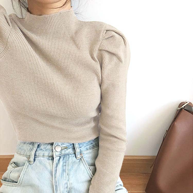 ニット レディース セーター トップス 無地 ハイネック ホワイト ブラック 秋 冬 パフスリーブ かわいい リブニット リブ Dzzle ダズル