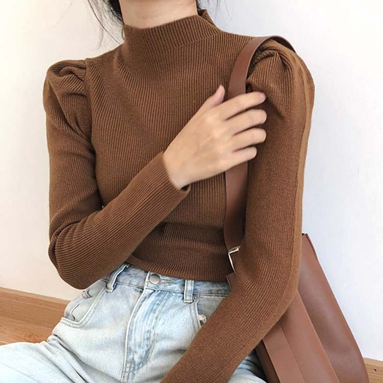 ニット レディース セーター トップス 無地 ハイネック ホワイト ブラック 秋 冬 パフスリーブ かわいい リブニット リブ Dzzle ダズル