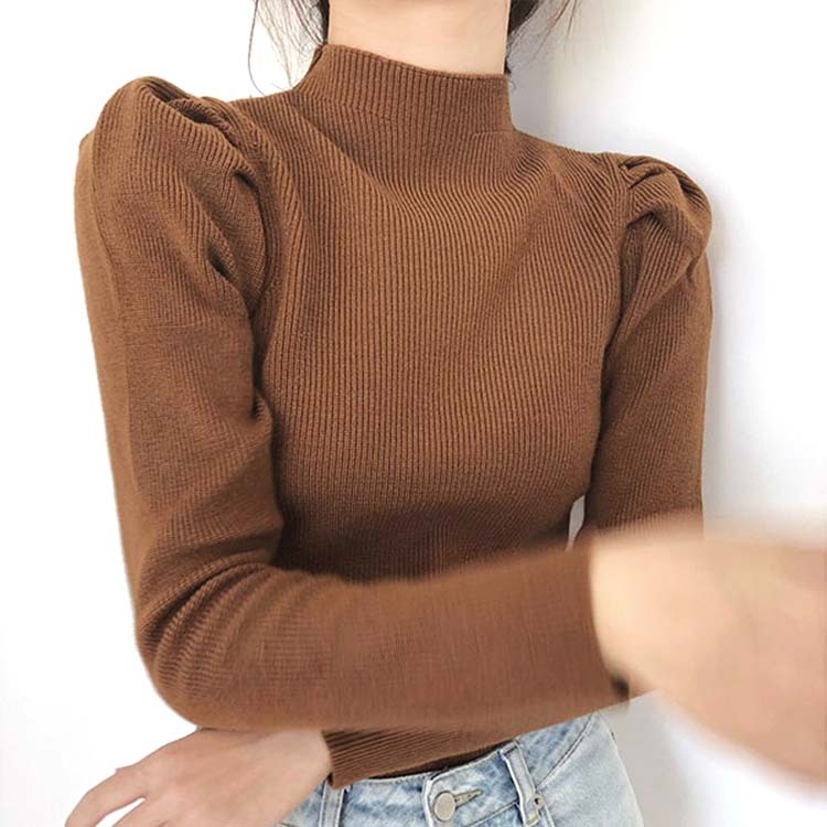 ニット レディース セーター トップス 無地 ハイネック ホワイト ブラック 秋 冬 パフスリーブ かわいい リブニット リブ Dzzle ダズル