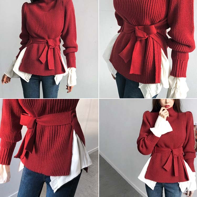 ニット レディース セーター トップス 秋 冬 秋冬 ハイネック 無地 ウエストマーク スリット 大人 エレガント 着やせ ペプラム Dzzle ダズル