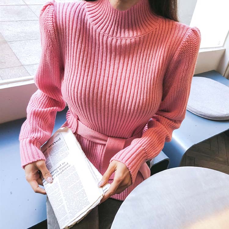 ニット レディース セーター トップス 秋 冬 秋冬 ハイネック 無地 ウエストマーク スリット 大人 エレガント 着やせ ペプラム Dzzle ダズル