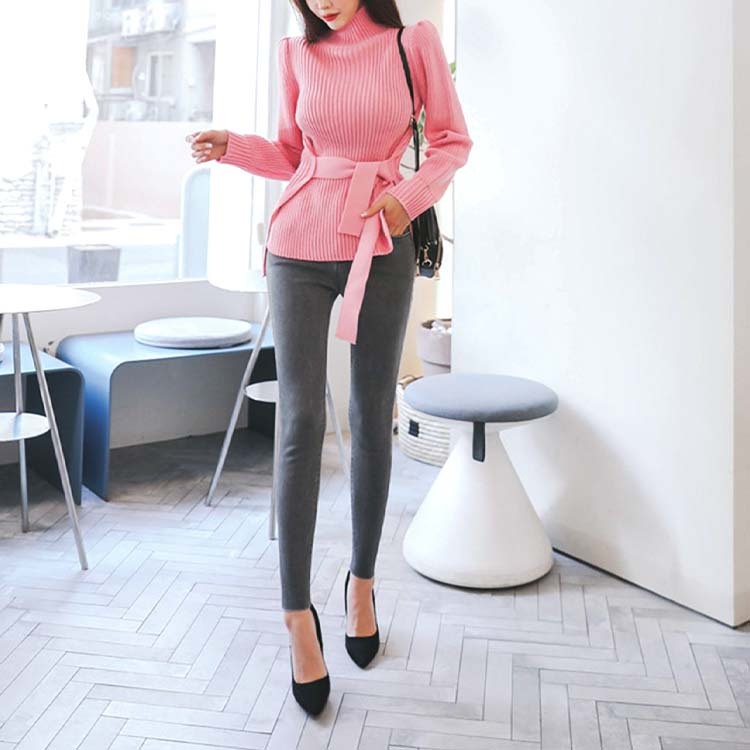 ニット レディース セーター トップス 秋 冬 秋冬 ハイネック 無地 ウエストマーク スリット 大人 エレガント 着やせ ペプラム Dzzle ダズル