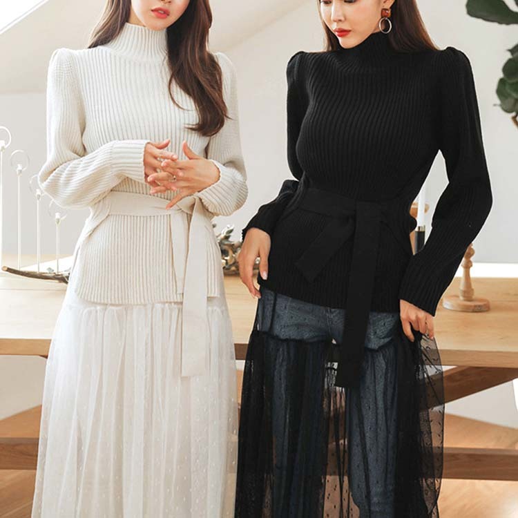 ニット レディース セーター トップス 秋 冬 秋冬 ハイネック 無地 ウエストマーク スリット 大人 エレガント 着やせ ペプラム Dzzle ダズル