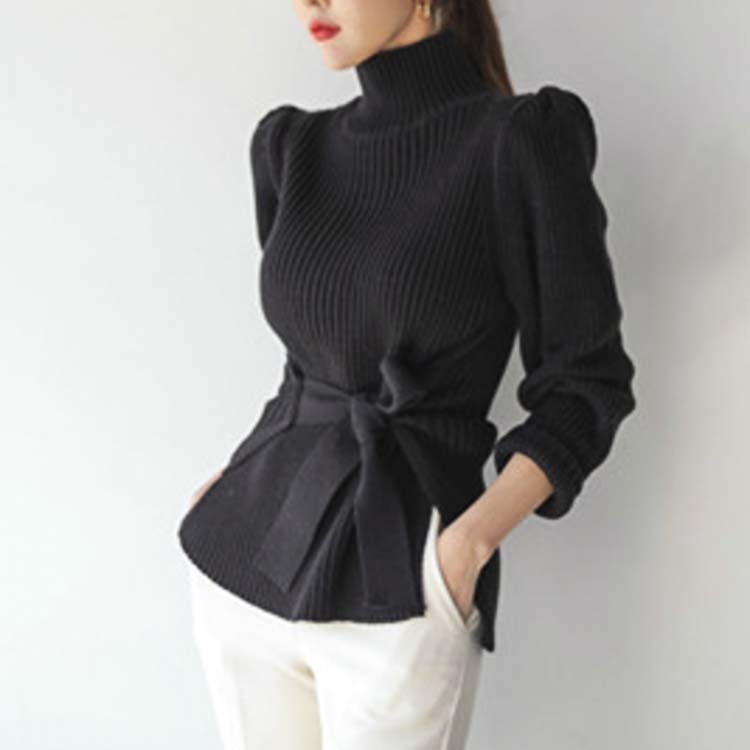 ニット レディース セーター トップス 秋 冬 秋冬 ハイネック 無地 ウエストマーク スリット 大人 エレガント 着やせ ペプラム Dzzle ダズル