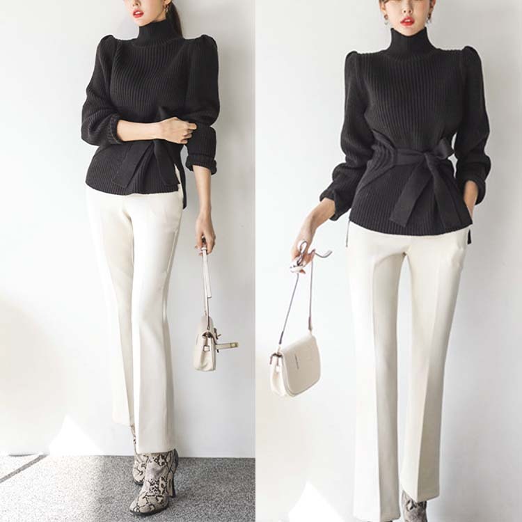 ニット レディース セーター トップス 秋 冬 秋冬 ハイネック 無地 ウエストマーク スリット 大人 エレガント 着やせ ペプラム Dzzle ダズル