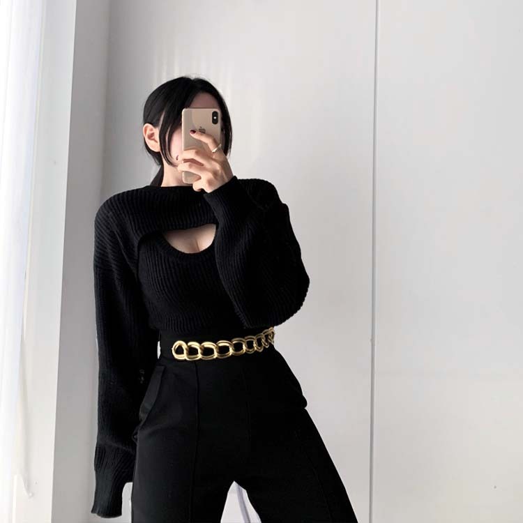 ニット レディース 谷間 カット カットアウト セーター 胸元見せ セクシー セットアップ タンクトップ ショート丈 長袖 Dazzle ダズル