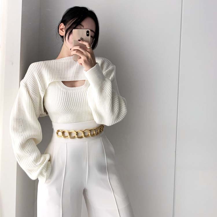 ニット レディース 谷間 カット カットアウト セーター 胸元見せ セクシー セットアップ タンクトップ ショート丈 長袖 Dazzle ダズル