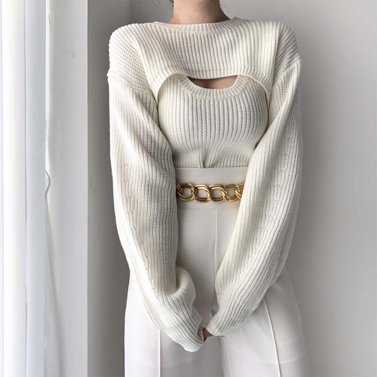 ニット レディース 谷間 カット カットアウト セーター 胸元見せ セクシー セットアップ タンクトップ ショート丈 長袖 Dazzle ダズル