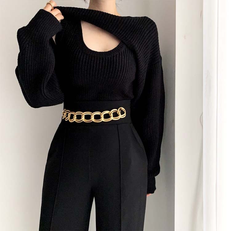 ニット レディース 谷間 カット カットアウト セーター 胸元見せ セクシー セットアップ タンクトップ ショート丈 長袖 Dazzle ダズル