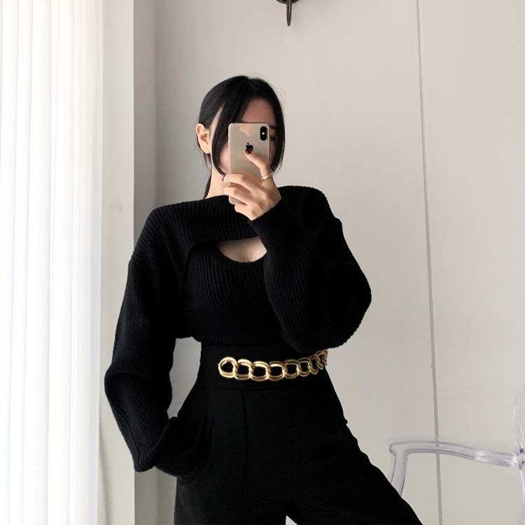 ニット レディース 谷間 カット カットアウト セーター 胸元見せ セクシー セットアップ タンクトップ ショート丈 長袖 Dazzle ダズル