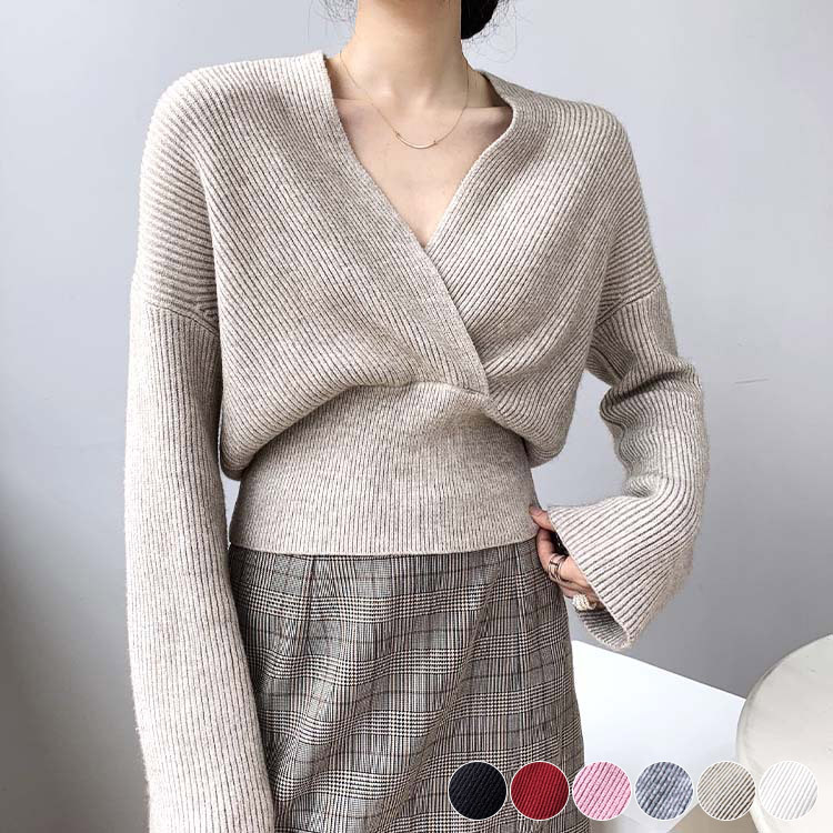 ニット レディース トップス セーター Vネック カシュクール クロス ショート丈 エレガント ゆったり おしゃれ

 ジョイフィール joyfeel