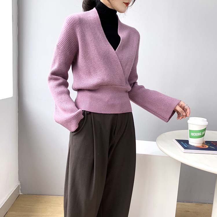 ニット レディース トップス セーター Vネック カシュクール クロス ショート丈 エレガント ゆったり おしゃれ

 ジョイフィール joyfeel