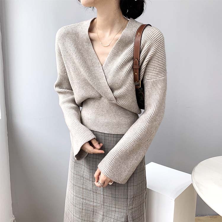 ニット レディース トップス セーター Vネック カシュクール クロス ショート丈 エレガント ゆったり おしゃれ

 ジョイフィール joyfeel