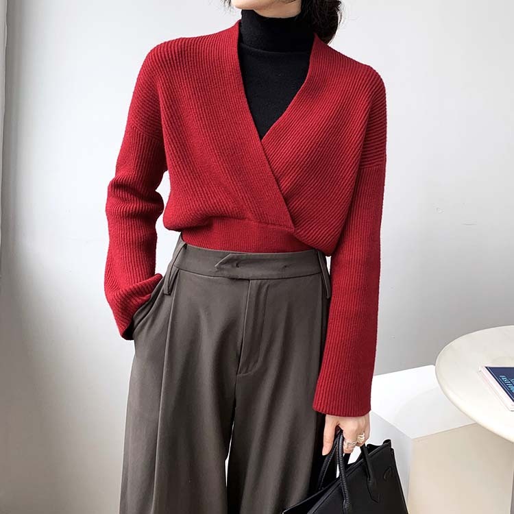 ニット レディース トップス セーター Vネック カシュクール クロス ショート丈 エレガント ゆったり おしゃれ

 ジョイフィール joyfeel