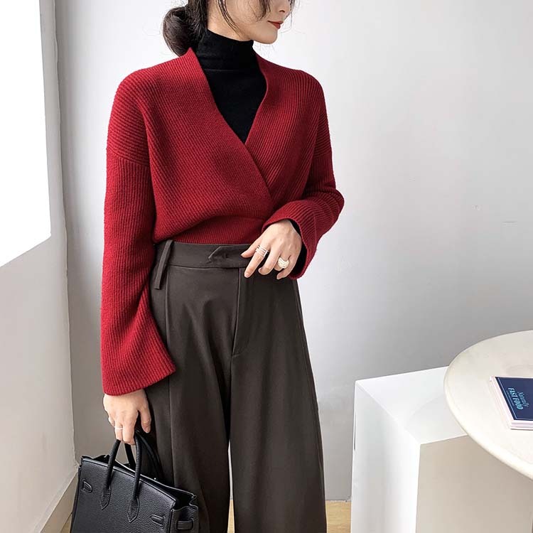 ニット レディース トップス セーター Vネック カシュクール クロス ショート丈 エレガント ゆったり おしゃれ

 ジョイフィール joyfeel