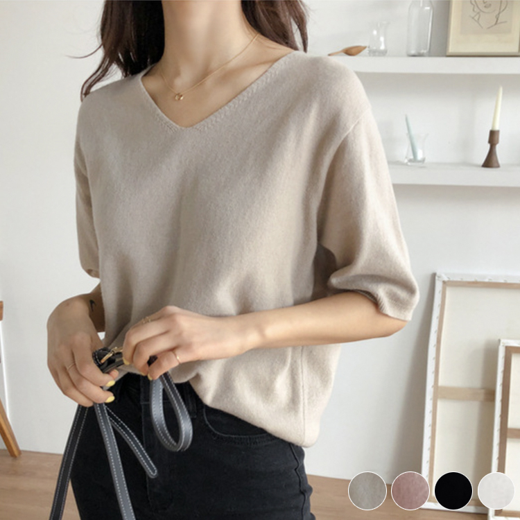 Tシャツ レディース 半袖 ニット サマーニット 薄手 5分袖 春夏 春 夏 Vネック ゆったり シンプル トップス カットソー カジュアル 白 ベージュ 黒 Dazzle ダズル