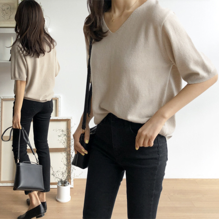 Tシャツ レディース 半袖 ニット サマーニット 薄手 5分袖 春夏 春 夏 Vネック ゆったり シンプル トップス カットソー カジュアル 白 ベージュ 黒 Dazzle ダズル