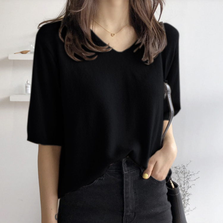 Tシャツ レディース 半袖 ニット サマーニット 薄手 5分袖 春夏 春 夏 Vネック ゆったり シンプル トップス カットソー カジュアル 白 ベージュ 黒 Dazzle ダズル