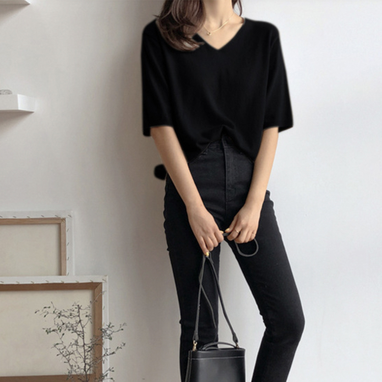 Tシャツ レディース 半袖 ニット サマーニット 薄手 5分袖 春夏 春 夏 Vネック ゆったり シンプル トップス カットソー カジュアル 白 ベージュ 黒 Dazzle ダズル