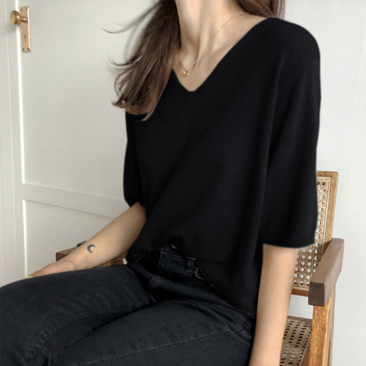 Tシャツ レディース 半袖 ニット サマーニット 薄手 5分袖 春夏 春 夏 Vネック ゆったり シンプル トップス カットソー カジュアル 白 ベージュ 黒 Dazzle ダズル