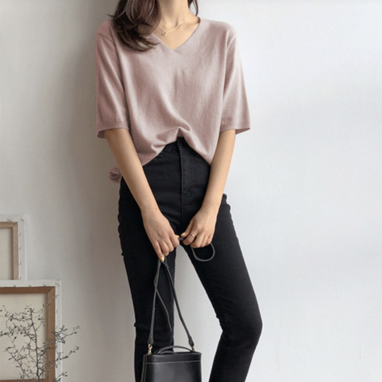 Tシャツ レディース 半袖 ニット サマーニット 薄手 5分袖 春夏 春 夏 Vネック ゆったり シンプル トップス カットソー カジュアル 白 ベージュ 黒 Dazzle ダズル