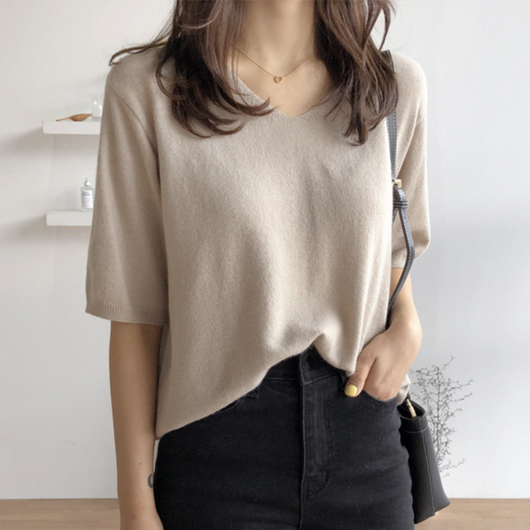 Tシャツ レディース 半袖 ニット サマーニット 薄手 5分袖 春夏 春 夏 Vネック ゆったり シンプル トップス カットソー カジュアル 白 ベージュ 黒 Dazzle ダズル