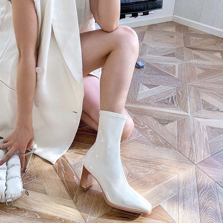 ショートブーツレディース チャンキーヒール ブーツ ショート丈  ハーフブーツ エナメル シャープ ポインテッドトゥ 太めヒール エナメルブーツ Dazzle ダズル