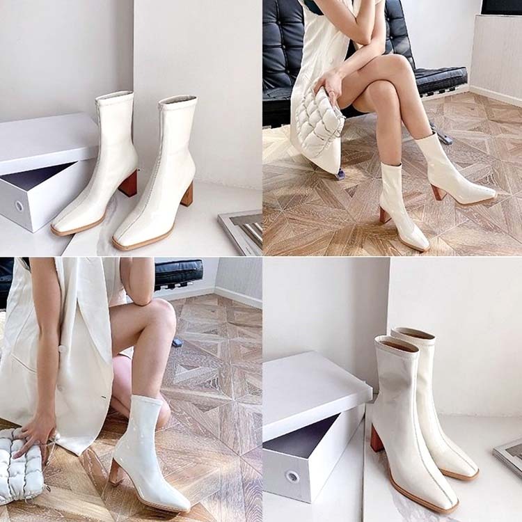 ショートブーツレディース チャンキーヒール ブーツ ショート丈  ハーフブーツ エナメル シャープ ポインテッドトゥ 太めヒール エナメルブーツ Dazzle ダズル