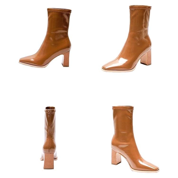 ショートブーツレディース チャンキーヒール ブーツ ショート丈  ハーフブーツ エナメル シャープ ポインテッドトゥ 太めヒール エナメルブーツ Dazzle ダズル
