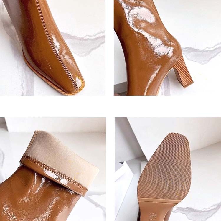 ショートブーツレディース チャンキーヒール ブーツ ショート丈  ハーフブーツ エナメル シャープ ポインテッドトゥ 太めヒール エナメルブーツ Dazzle ダズル