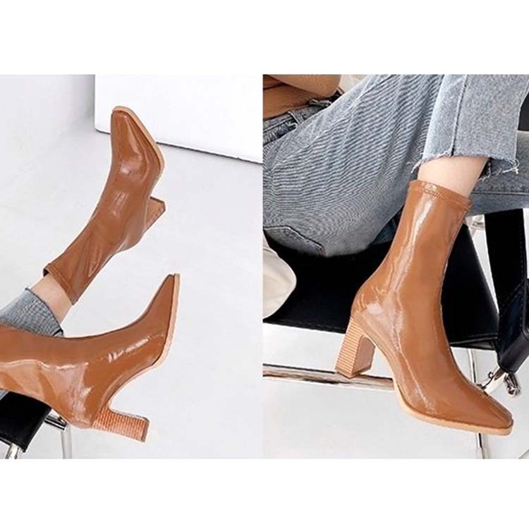 ショートブーツレディース チャンキーヒール ブーツ ショート丈  ハーフブーツ エナメル シャープ ポインテッドトゥ 太めヒール エナメルブーツ Dazzle ダズル