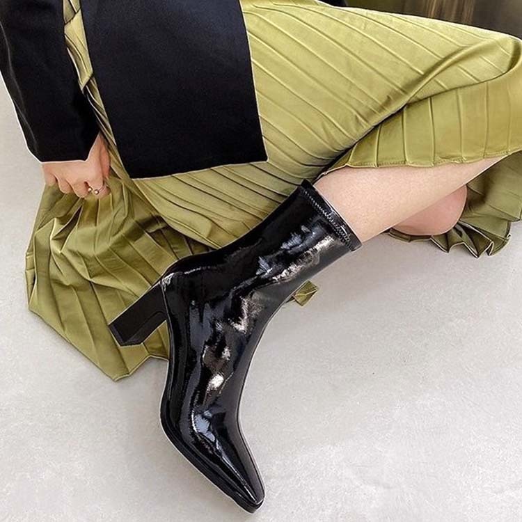 ショートブーツレディース チャンキーヒール ブーツ ショート丈  ハーフブーツ エナメル シャープ ポインテッドトゥ 太めヒール エナメルブーツ Dazzle ダズル