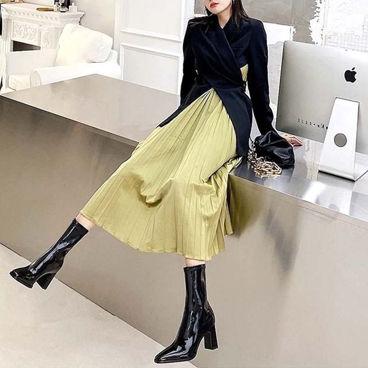 ショートブーツレディース チャンキーヒール ブーツ ショート丈  ハーフブーツ エナメル シャープ ポインテッドトゥ 太めヒール エナメルブーツ Dazzle ダズル