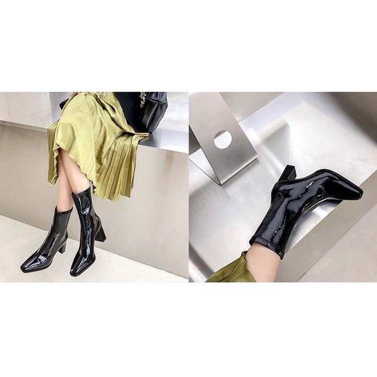 ショートブーツレディース チャンキーヒール ブーツ ショート丈  ハーフブーツ エナメル シャープ ポインテッドトゥ 太めヒール エナメルブーツ Dazzle ダズル