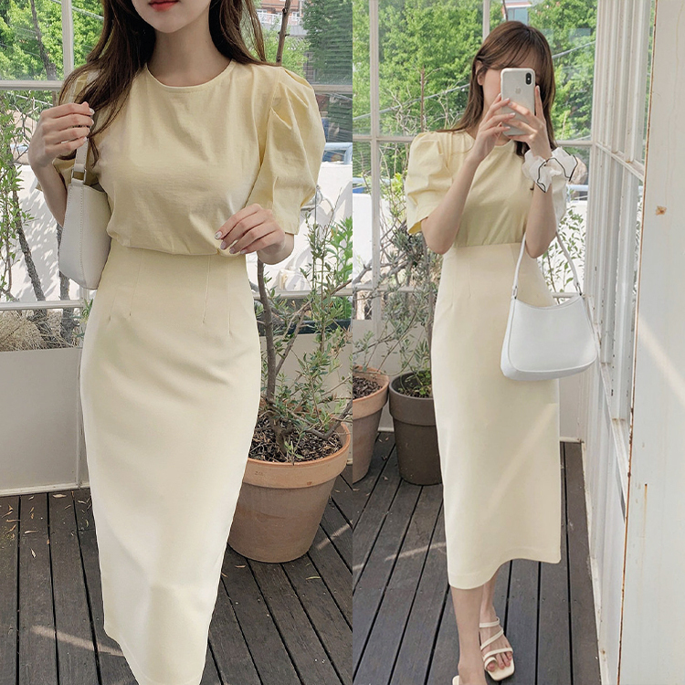 ブラウス 半袖 スカート タイト レディース ミモレ丈 韓国 送料無料 Dazzle ダズル