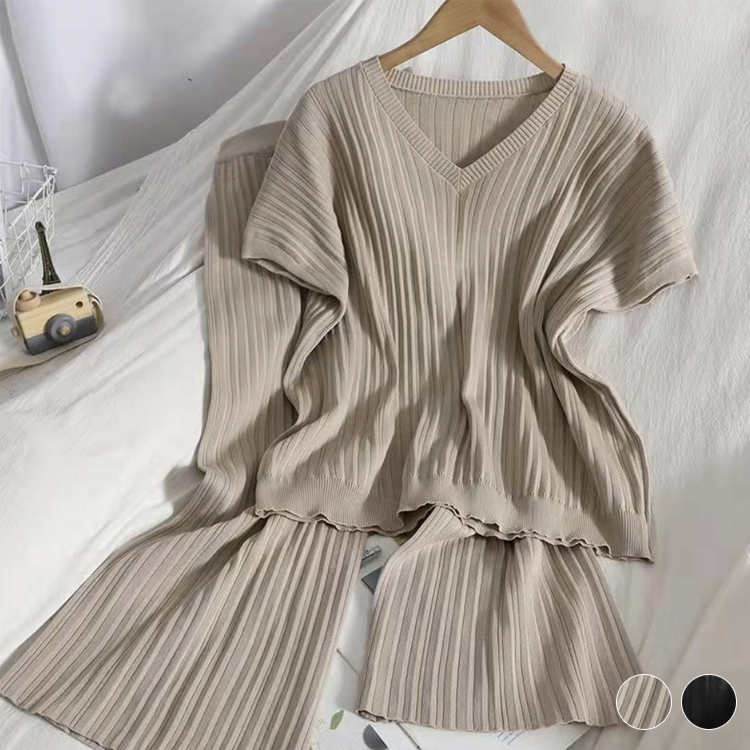 セットアップ レディース サマーニット 半袖 トップス Vネック ワイドパンツ 9分丈 夏 春 無地 フレンチスリーブ エレガント おし Dazzle ダズル