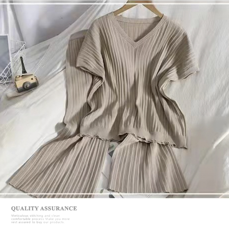 セットアップ レディース サマーニット 半袖 トップス Vネック ワイドパンツ 9分丈 夏 春 無地 フレンチスリーブ エレガント おし Dazzle ダズル