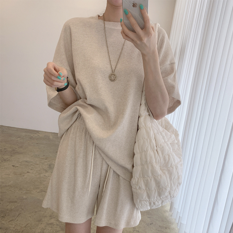 セットアップ レディース Tシャツ ショートパンツ ワイドパンツ ワイド ショート丈 春 夏 薄手 半袖 5分袖 ゆったり カジュアル ワッフル ルームウエア Dazzle ダズル