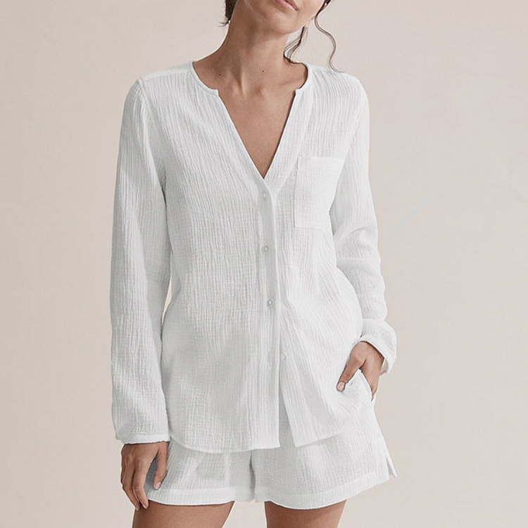 セットアップ レディース ショートパンツ ルームウエア ラウンジウエア 長袖 ブラウス ショート丈 春 夏 薄手 カジュアル おしゃれ エレガント バカンス 白 Dazzle ダズル