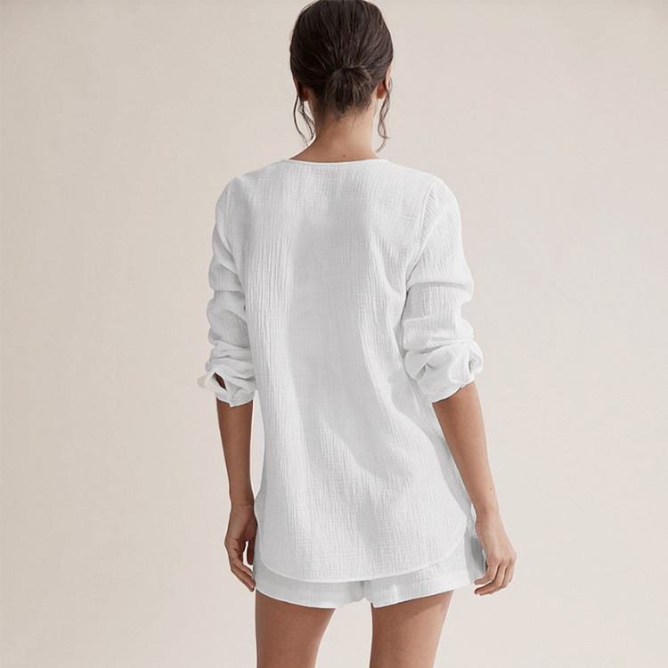 セットアップ レディース ショートパンツ ルームウエア ラウンジウエア 長袖 ブラウス ショート丈 春 夏 薄手 カジュアル おしゃれ エレガント バカンス 白 Dazzle ダズル