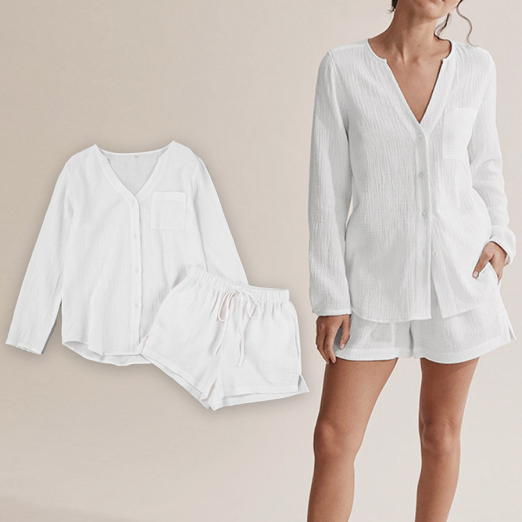 セットアップ レディース ショートパンツ ルームウエア ラウンジウエア 長袖 ブラウス ショート丈 春 夏 薄手 カジュアル おしゃれ エレガント バカンス 白 Dazzle ダズル