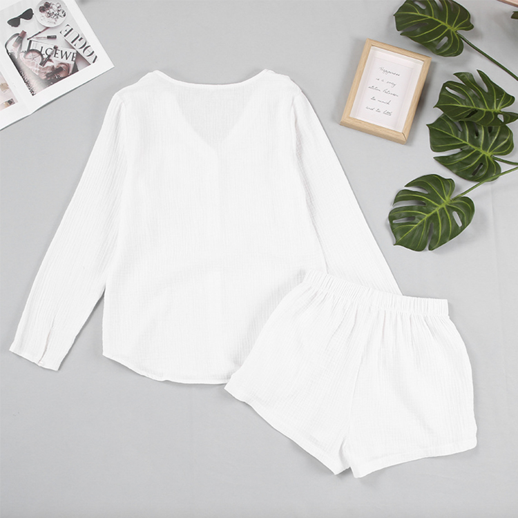 セットアップ レディース ショートパンツ ルームウエア ラウンジウエア 長袖 ブラウス ショート丈 春 夏 薄手 カジュアル おしゃれ エレガント バカンス 白 Dazzle ダズル