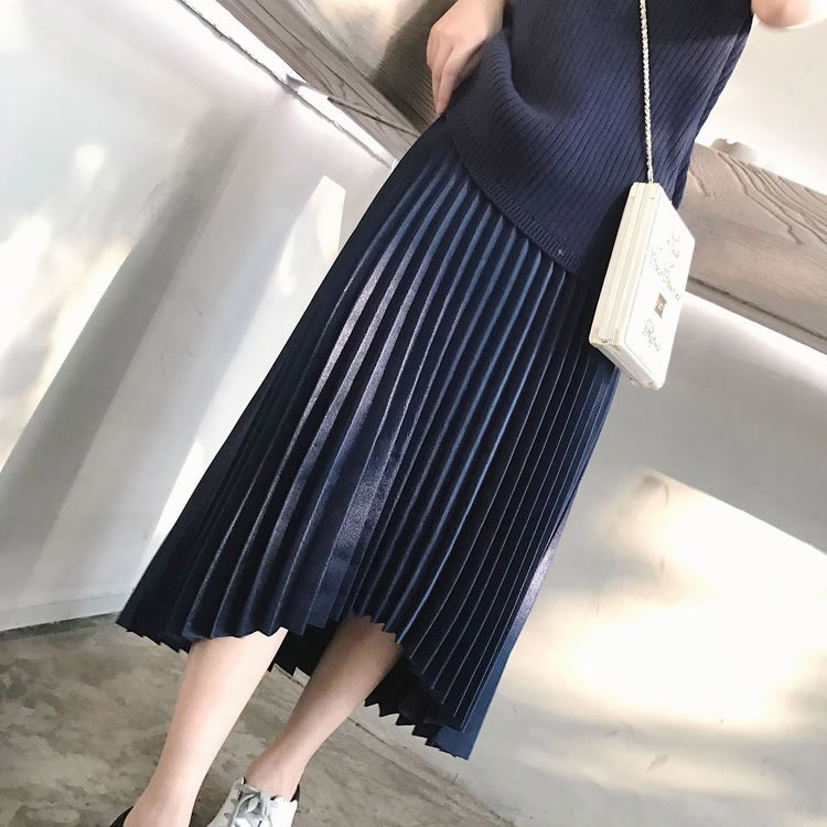 サテン ミモレ丈 アシンメトリー スカート プリーツ Aライン フィッシュテール ロング スカート 韓国 レディース Dazzle ダズル
