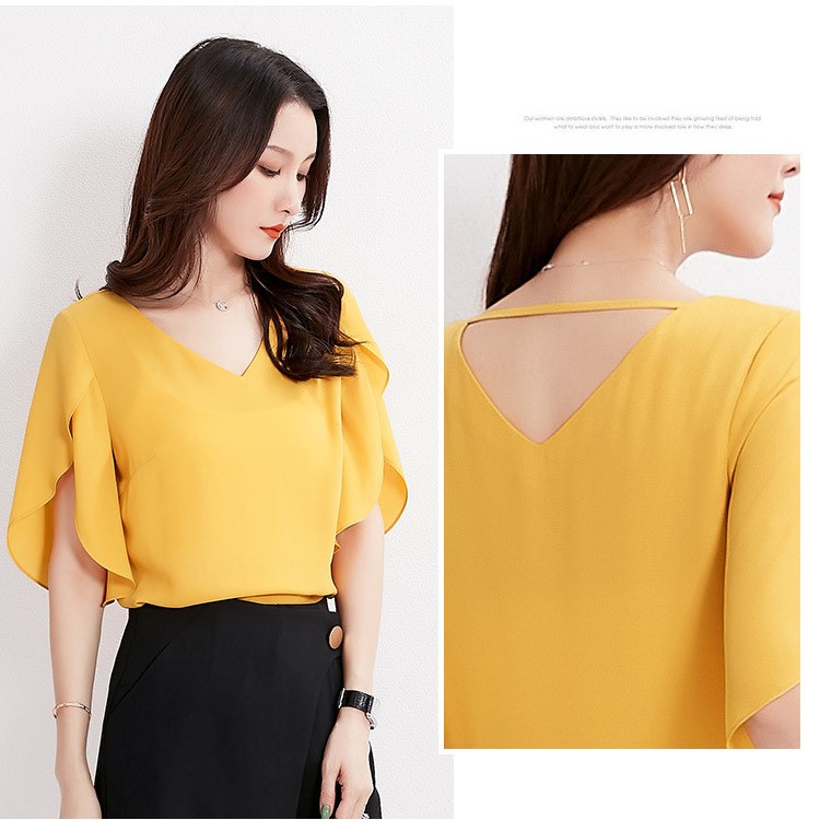 半袖 チューリップ袖 フレア袖 ラッフル袖 シフォン ブラウス レディース 韓国ファッション Dazzle ダズル